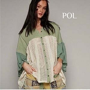 POL top frayed edge crochet Shacket long sleeves button down NWT Boutique
